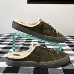 Sperry Suede Leather Slip On Crest Mule Faux Fur Lined Shoes Size 9 Green